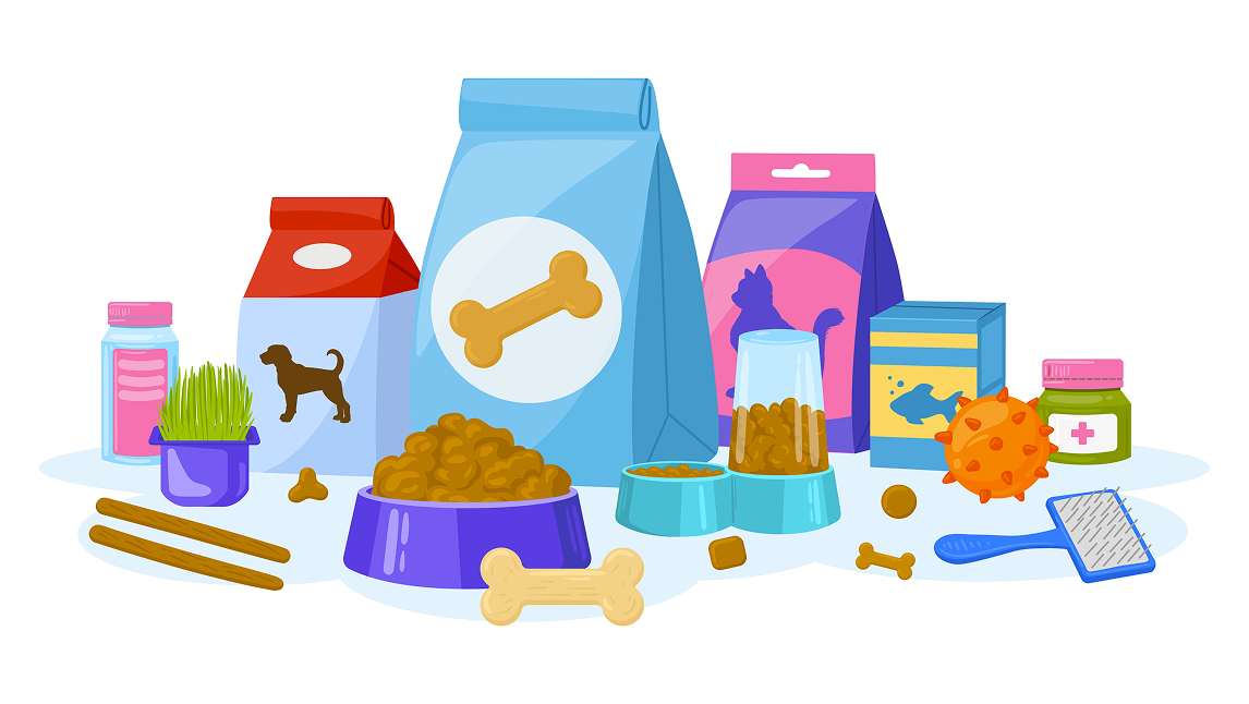 colorful image of items needed to keep a dog or cat